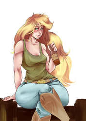 Size: 1280x1793 | Tagged: safe, artist:sundown, applejack, human, g4, applebucking thighs, blushing, clothes, crossed legs, drink, drinking, female, freckles, humanized, light skin, looking at you, scar, simple background, sitting, solo, tank top, white background, wide hips