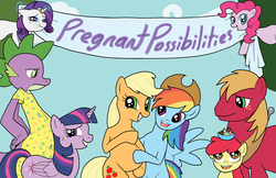 Size: 5100x3300 | Tagged: safe, artist:bico-kun, apple bloom, applejack, big macintosh, pinkie pie, rainbow dash, rarity, spike, twilight sparkle, alicorn, pony, g4, :t, banner, bipedal, bowl, cover art, crying, fanfic art, female, floppy ears, frown, grin, hat, horn, horn ring, ice cream, implied magical lesbian spawn, implied magical straight spawn, lesbian, magic, male, male pregnancy, mare, nervous, older, older spike, pregnant, ring, ship:appledash, shipping, smiling, squee, sweat, telekinesis, twilight sparkle (alicorn), unamused, wat, wavy mouth