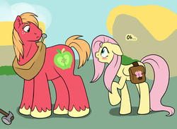 Size: 1280x939 | Tagged: safe, artist:marindashy, big macintosh, fluttershy, earth pony, pony, g4, blushing, caught, fluttershy answers, male, one word, saddle bag, ship:fluttermac, shipping, stallion, straight