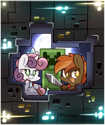 Size: 1015x1215 | Tagged: safe, artist:php56, button mash, sweetie belle, don't mine at night, g4, cookie, creeper, eating, minecraft, pickaxe, sword, weapon