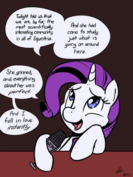 Size: 1200x1600 | Tagged: safe, artist:rwl, rarity, twilight sparkle, g4, crossover, dialogue, female, lesbian, microphone, night vale, radio, ship:rarilight, shipping, solo, welcome to night vale