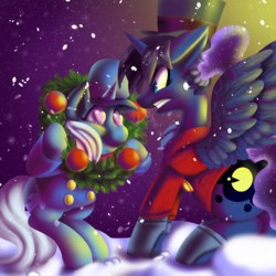 Size: 3500x3500 | Tagged: safe, artist:fauxsquared, princess luna, trixie, pony, luna-afterdark, trixie is magic, g4, a christmas carol, angry, bipedal, clothes, donald duck, ears back, ebenezer scrooge, featured image, female, frown, glare, gritted teeth, hat, heart, heart eyes, lesbian, luxie, mickey's christmas carol, pac-man, scrooge mcduck, shipping, smiling, snow, snowfall, sparkles, spread wings, wingding eyes, wreath