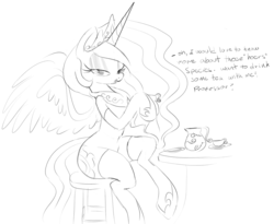 Size: 1569x1289 | Tagged: safe, artist:zev, princess celestia, g4, female, grayscale, monochrome, sketch, solo, tea