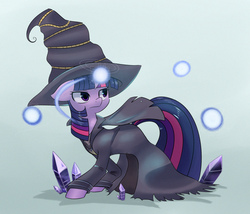 Size: 1400x1200 | Tagged: safe, artist:solar-slash, twilight sparkle, pony, unicorn, g4, clothes, crossover, crystal, cute, dark souls, female, floppy ears, frown, glare, glowing, glowing horn, gray background, hat, horn, lidded eyes, looking back, magic, mare, orb, robes, simple background, solo, torn clothes, unicorn twilight, witch, witch beatrice, witch hat