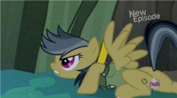 Size: 854x474 | Tagged: safe, screencap, daring do, pegasus, pony, daring don't, g4, season 4, caption, clothes, female, hub logo, mare, rings of scorchero, solo