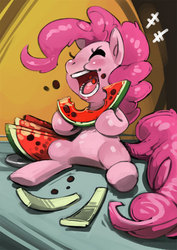 Size: 496x702 | Tagged: safe, artist:bittenhard, pinkie pie, g4, belly, cute, diapinkes, eating, eyes closed, female, food, herbivore, messy, messy eating, open mouth, sitting, smiling, solo, watermelon
