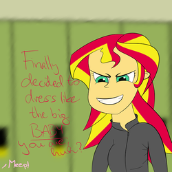 Size: 700x700 | Tagged: safe, sunset shimmer, equestria girls, g4, askpiddleshy, clothes, female, humanized, solo