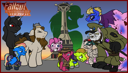 Size: 1300x740 | Tagged: safe, artist:muniversal, rainbow dash, oc, oc:cherry pie, oc:domino mask, oc:general barkany, oc:god, oc:hard way, oc:mister horse, oc:pink-e, oc:tag-end, oc:the burned mare, earth pony, pegasus, pony, unicorn, fallout equestria, fallout equestria: new pegas, g4, fanfic, fanfic art, female, floppy ears, hooves, mare, ministry mares, teeth