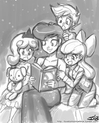 Size: 800x1000 | Tagged: safe, artist:johnjoseco, apple bloom, princess luna, scootaloo, sweetie belle, human, g4, adorabloom, bedtime story, cute, cutealoo, cutie mark crusaders, diasweetes, grayscale, humanized, lunabetes, monochrome, reading, teddy bear