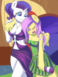 Size: 600x800 | Tagged: safe, artist:badtyke, fluttershy, rarity, pegasus, unicorn, anthro, g4, alcohol, belly button, blushing, bottle, clothes, dress, drunk, drunkershy, duo, horn
