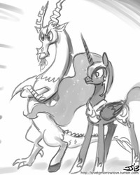 Size: 800x1000 | Tagged: safe, artist:johnjoseco, discord, nightmare moon, g4, grayscale, monochrome