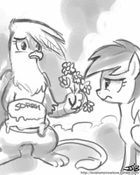 Size: 800x1000 | Tagged: safe, artist:johnjoseco, gilda, rainbow dash, griffon, pegasus, pony, g4, apologetic, apology, apology cake, cake, duo, duo female, female, flower, grayscale, mare, monochrome, request