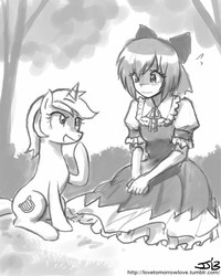 Size: 800x1000 | Tagged: safe, artist:johnjoseco, lyra heartstrings, human, g4, cirno, crossover, grayscale, monochrome, touhou, wingless