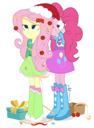 Size: 736x1000 | Tagged: safe, artist:dm29, fluttershy, pinkie pie, equestria girls, g4, balloon, boots, bowtie, candy cane, christmas tree, clothes, duo, fluttertree, hat, high heel boots, ornaments, present, santa hat, simple background, skirt, streamers, transparent background, unamused