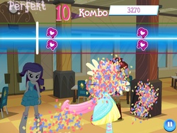 Size: 2048x1536 | Tagged: safe, gameloft, fluttershy, rarity, equestria girls, g4, confetti, dancing