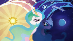 Size: 1920x1080 | Tagged: safe, artist:rariedash, princess celestia, princess luna, alicorn, pony, g4, duality, female, horn, lineless, mare, moon, sun, sun vs moon, wallpaper