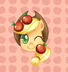 Size: 824x876 | Tagged: safe, artist:dun, applejack, g4, apple, female, head, obligatory apple, one eye closed, pixiv, solo