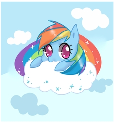 Size: 851x916 | Tagged: safe, artist:dun, rainbow dash, cloud, cloudy, cute, dashabetes, female, leaning, looking at you, nom, pixiv, prone, smiling, solo, sparkles