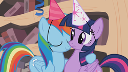 Size: 1920x1080 | Tagged: safe, screencap, rainbow dash, twilight sparkle, alicorn, pony, daring don't, g4, duo, eyes closed, female, frown, hat, hug, mare, national random holiday party day, out of context, party, party hat, smiling, twilight sparkle (alicorn)