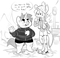 Size: 617x605 | Tagged: safe, artist:mangneto, snails, snips, diglett, anthro, g4, chubby, clothes, fat, monochrome, snow, winter