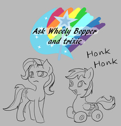 Size: 2868x2987 | Tagged: safe, artist:owlvortex, trixie, oc, oc:wheely bopper, original species, pegasus, pony, unicorn, wheelpone, ask wheely bopper and trixie, g4, ask, cute, female, frown, honk, honk honk, lidded eyes, looking away, mare, open mouth, smiling, tumblr