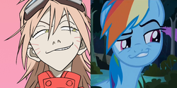 Size: 800x401 | Tagged: safe, rainbow dash, daring don't, g4, comparison, flcl, haruhara haruko, look-alike, meme, mind blown, reddit, smirk, smugdash