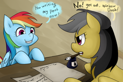 Size: 600x400 | Tagged: safe, artist:norang94, daring do, rainbow dash, daring don't, g4, dialogue, ink, mouth drawing, mouth hold, pen, writing