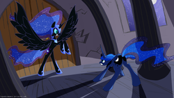 Size: 1920x1080 | Tagged: safe, artist:legendarymemory, nightmare moon, princess luna, g4, duality