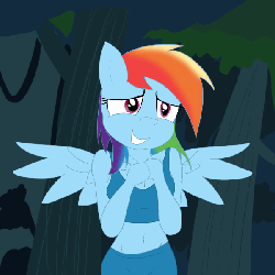 Size: 600x600 | Tagged: safe, artist:tunderi, rainbow dash, anthro, daring don't, g4, animated, belly button, cleavage, clothes, fangirl, female, midriff, scene interpretation, solo, sports bra, spread wings, wings