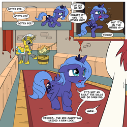 Size: 1200x1200 | Tagged: safe, artist:sketchyjackie, princess luna, oc, oc:fausticorn, alicorn, pony, unicorn, g4, accident, bathroom denial, bucket, colored, comic, covering crotch, desperation, dialogue, female, filly, filly luna, gritted teeth, horn, implied fausticorn, implied princess celestia, implied wetting, lauren faust, male, mop, need to pee, omorashi, open mouth, potty dance, potty emergency, potty failure, potty time, royal guard, speech bubble, trotting in place, wings, woona, younger