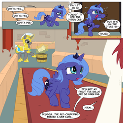 Size: 1200x1200 | Tagged: safe, artist:sketchyjackie, princess luna, oc, oc:fausticorn, alicorn, pony, g4, bathroom denial, colored, comic, covering crotch, desperation, female, filly, filly luna, floppy ears, implied princess celestia, implied urine, implied wetting, lauren faust, mare, need to pee, omorashi, potty dance, potty emergency, potty failure, potty time, royal guard, s1 luna, sad, story in the comments, trotting in place, woona, young luna, younger