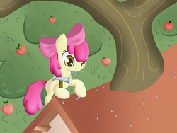 Size: 3000x2257 | Tagged: dead source, safe, artist:xonxt, apple bloom, earth pony, pony, g4, apple, clubhouse, crusaders clubhouse, female, filly, hammer, ladder, nails, solo, tree, treehouse