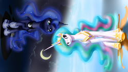 Size: 1920x1080 | Tagged: safe, artist:mykegreywolf, princess celestia, princess luna, g4, cutie mark, duality, moon, sideways, upside down