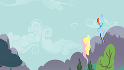 Size: 3200x1800 | Tagged: safe, artist:ceruleandraw, fluttershy, rainbow dash, g4, flying, minimalist, mountain, sky, tree, wallpaper