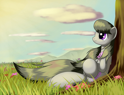 Size: 1650x1275 | Tagged: safe, artist:grennadder, octavia melody, earth pony, pony, g4, big hooves, cloud, female, flower, grass, long tail, mare, mountain, sky, smiling, solo, tail, tree