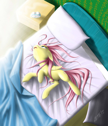 Size: 1467x1711 | Tagged: safe, artist:zigword, fluttershy, pegasus, pony, g4, bed, clock, female, floppy ears, messy mane, morning ponies, on side, open mouth, solo