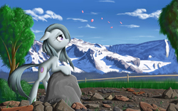 Size: 1511x944 | Tagged: safe, artist:zigword, marble pie, earth pony, pony, g4, female, floppy ears, frown, grass, lidded eyes, looking up, mare, mountain, petals, rock, rock farm, scenery, scenery porn, snow, solo, tree
