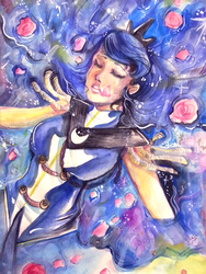 Size: 675x900 | Tagged: safe, artist:miumiuchuu, princess luna, human, g4, crossover, female, floating, flower, hamlet, humanized, light skin, on back, solo, water