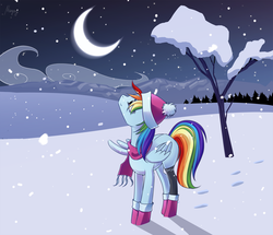 Size: 2000x1717 | Tagged: safe, artist:margony, rainbow dash, g4, clothes, female, hat, scarf, snow, snowfall, solo