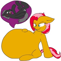 Size: 1425x1436 | Tagged: safe, artist:sparklegirl13, babs seed, oc, oc:panther, earth pony, pony, g4, belly, eaten alive, fetish, internal, sitting, vore