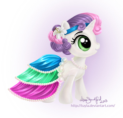 Size: 519x500 | Tagged: safe, artist:paintedhoofprints, sweetie belle, g4, alternate hairstyle, clothes, dress, female, flower, flower filly, flower girl, flower in hair, necklace, pearl necklace, solo