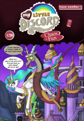 Size: 626x900 | Tagged: safe, artist:stalinthestallion, discord, princess celestia, g4, canterlot castle, comic cover, parody, speech bubble