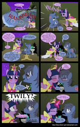 Size: 2000x3151 | Tagged: safe, artist:mlp-silver-quill, twilight sparkle, oc, oc:clutterstep, alicorn, pony, comic:a princess' tears, g4, canon x oc, comic, element of magic, female, kiss on the lips, kissing, male, mare, straight, twilight sparkle (alicorn)