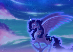 Size: 1280x905 | Tagged: safe, artist:juliwu, princess luna, g4, cloud, cloudy, female, necklace, night, solo, stars