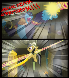 Size: 1344x1520 | Tagged: safe, artist:ponymaan, ahuizotl, daring do, daring don't, g4, comic, dragon ball, dragon ball z, makankosappo, parody, pillar of burnination, rings of scorchero, special beam cannon