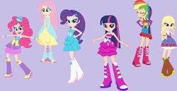 Size: 1243x642 | Tagged: dead source, safe, artist:trongcango, applejack, fluttershy, pinkie pie, rainbow dash, rarity, twilight sparkle, equestria girls, g4, blonde, boots, fall formal outfits, hatless, high heel boots, human coloration, light skin, mane six, missing accessory, sleeveless, strapless, twilight ball dress