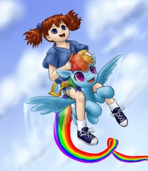 Size: 845x978 | Tagged: safe, artist:alloyrabbit, rainbow dash, human, g4, child, flying, humans riding ponies, riding, smiling