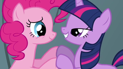 Size: 1280x720 | Tagged: safe, screencap, pinkie pie, twilight sparkle, feeling pinkie keen, g4, lidded eyes, out of context