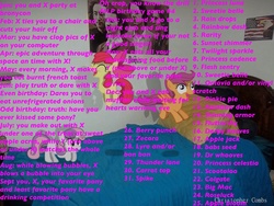 Size: 960x720 | Tagged: safe, apple bloom, applejack, babs seed, big macintosh, fluttershy, pinkie pie, princess cadance, princess celestia, princess luna, rainbow dash, rarity, scootaloo, shining armor, spike, sweetie belle, twilight sparkle, g4, bed, birthday game, cutie mark crusaders, exploitable meme, irl, mane six, meme, photo, ponies in real life, text