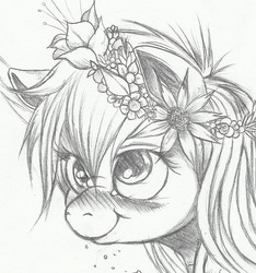 Size: 931x994 | Tagged: safe, artist:derp-my-life, derpy hooves, pegasus, pony, g4, :t, blushing, bust, cute, derpabetes, eating, female, floral head wreath, flower, flower in hair, flowerchild, hippie, hippie doo, mare, monochrome, nose wrinkle, puffy cheeks, smiling, solo, traditional art, wip